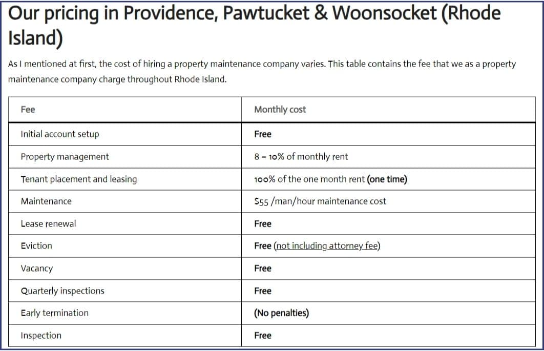 Our pricing for Rhode Island, Providence, Pawtucket & Woonsocket