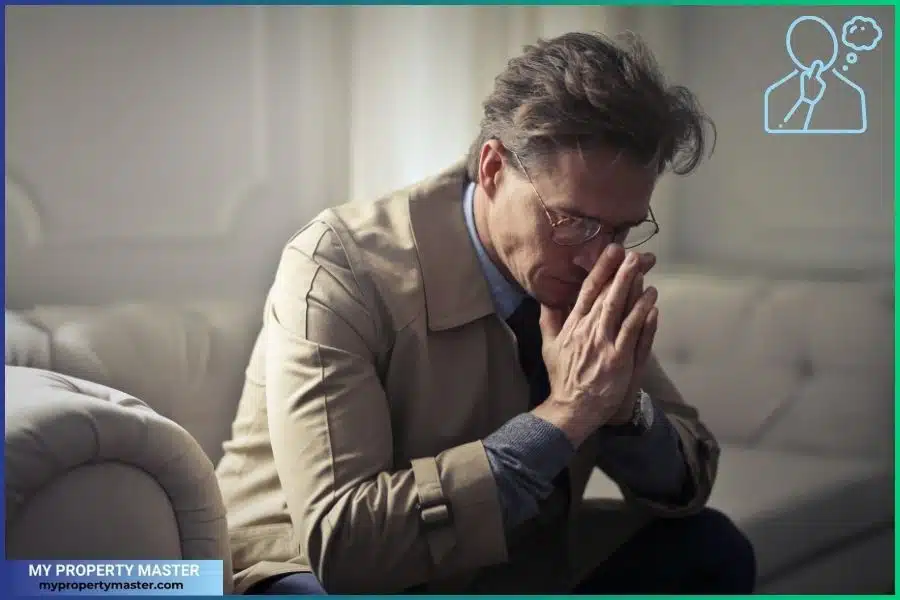 Sad mature businessman thinking about problems in living room