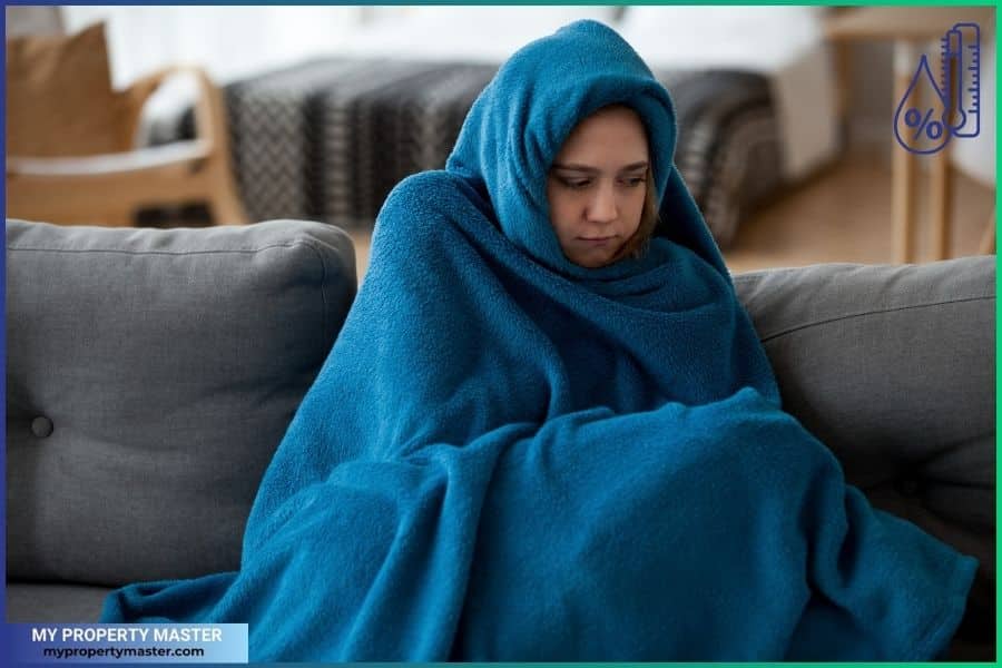 Woman feeling cold covered with a warm blanket at home