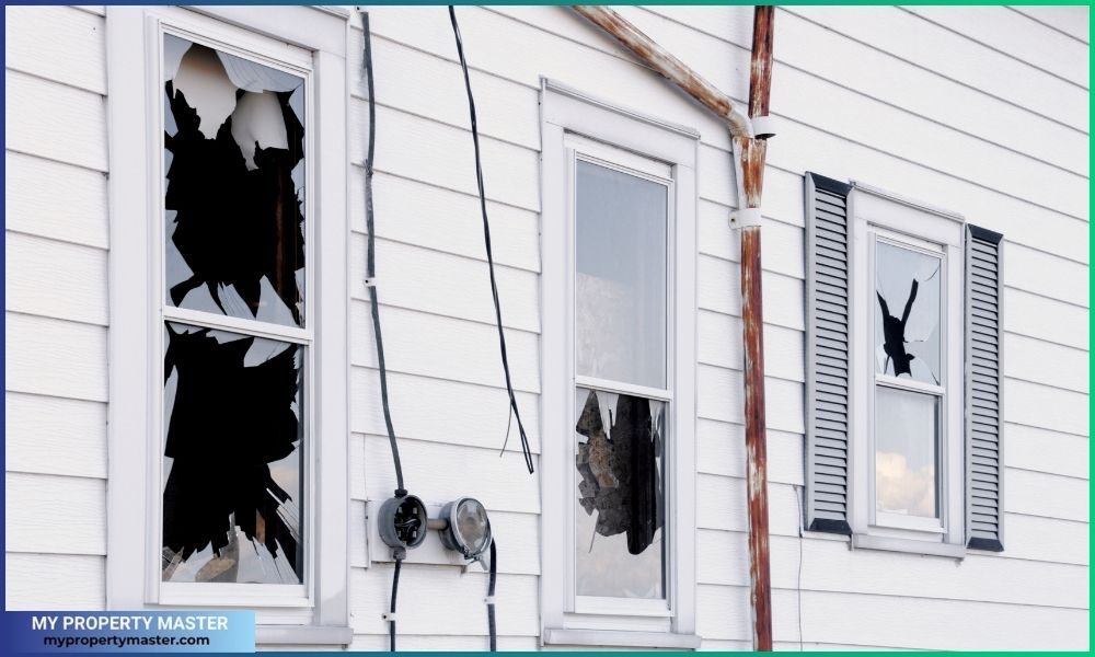 Broken windows, vandalism, disaster, damage