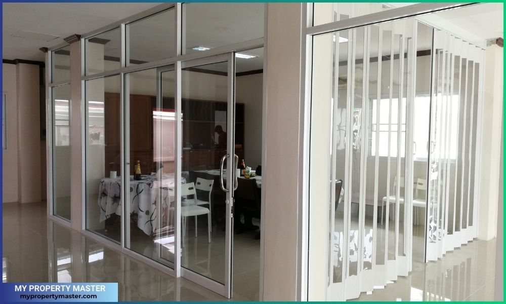 Aluminum sliding doors on a white background