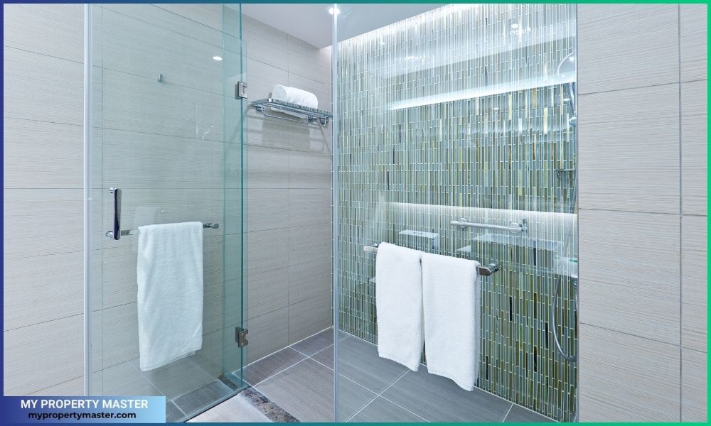 Contemporary bathroom design with glass shower stall and luxury towels