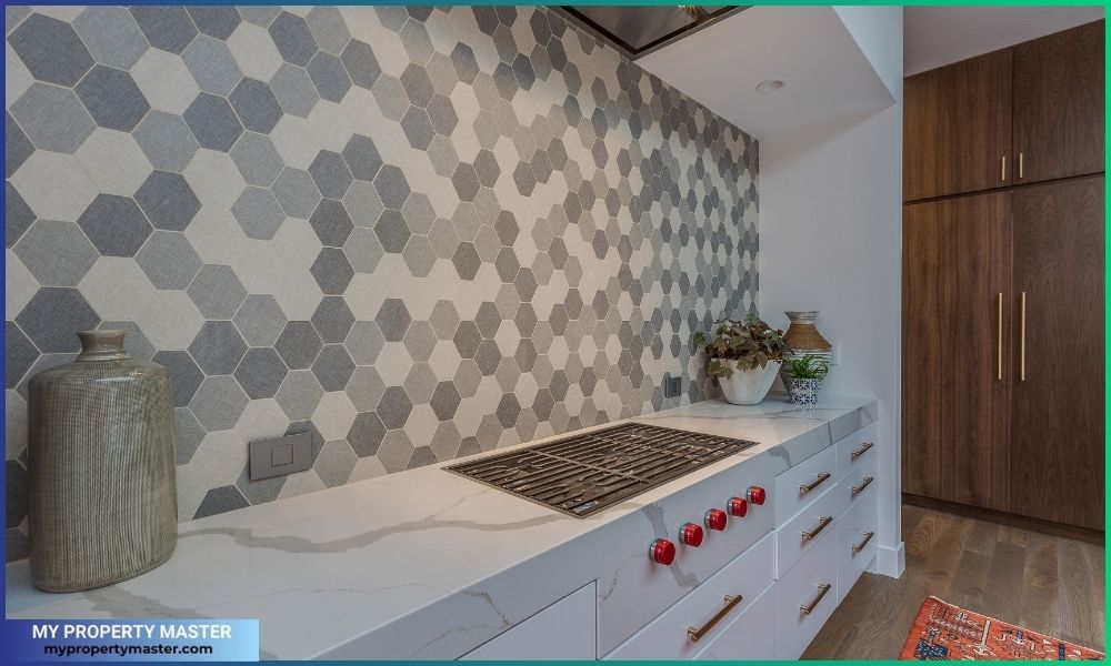 Hexagon tile backsplash in new kitchen