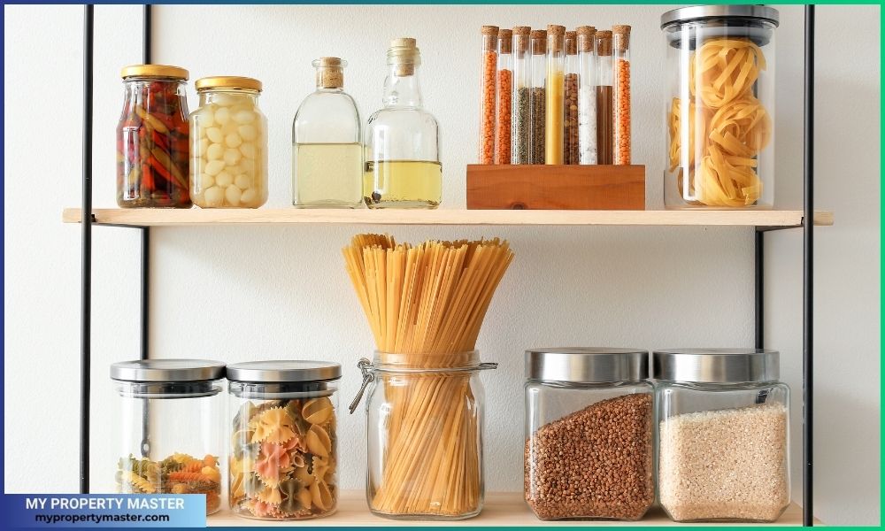 Jars with Products on Kitchen Shelves