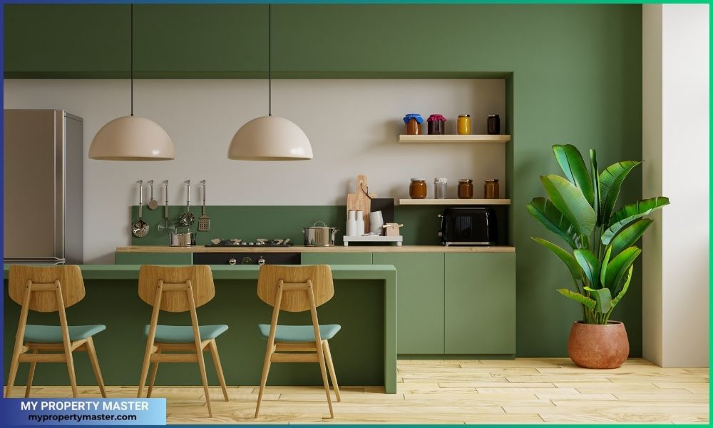 Modern-style kitchen interior design with green wall