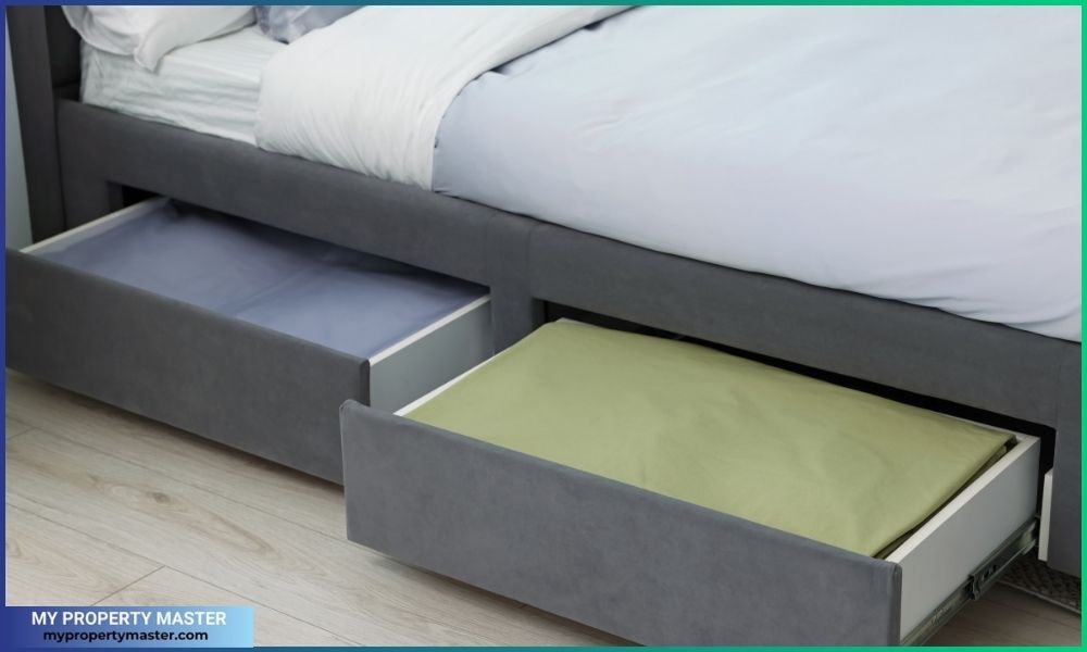 Storage drawers with bedding under a modern bed in a room