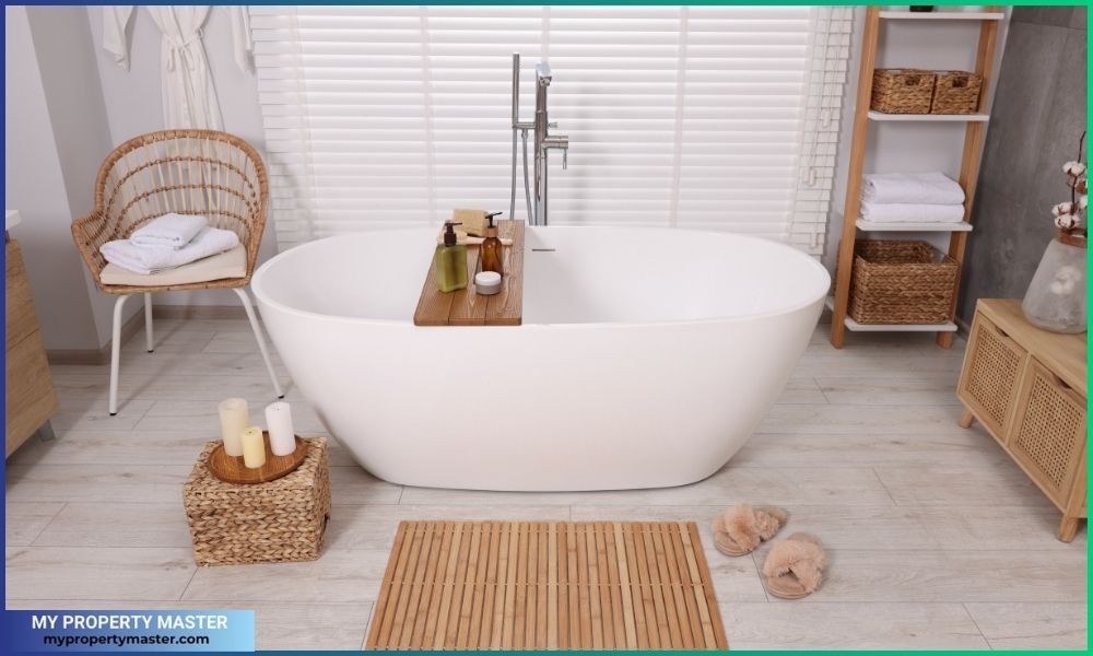 Stylish Bathroom Interior with Bamboo Bath Mat and White Tub