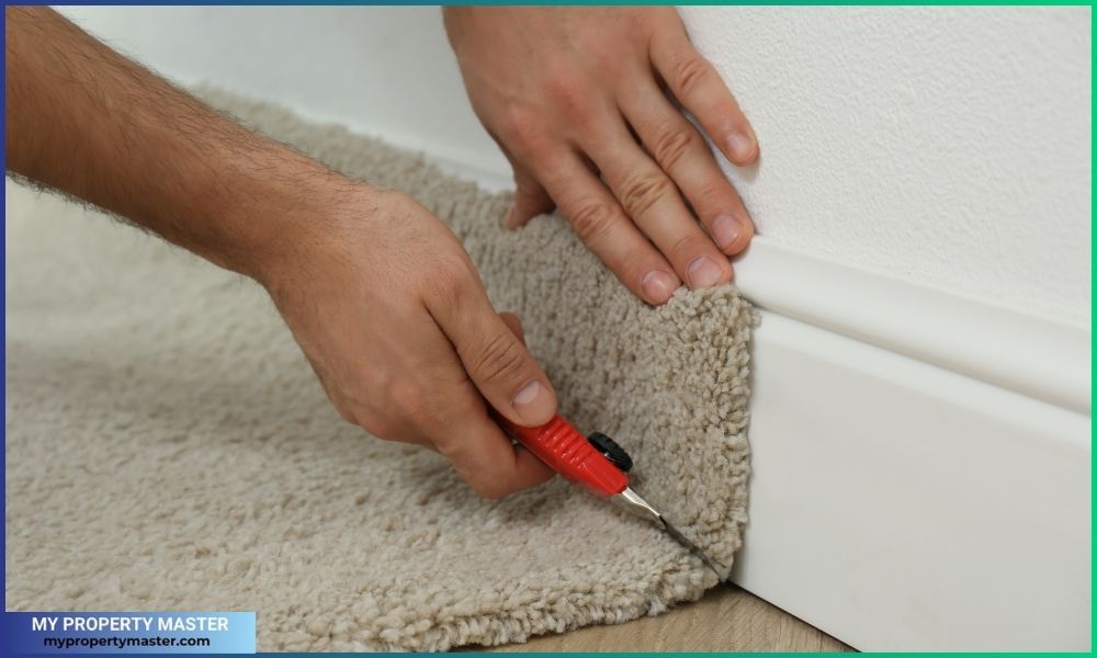 Worker with Cutter Knife Installing New Carpet Indoors